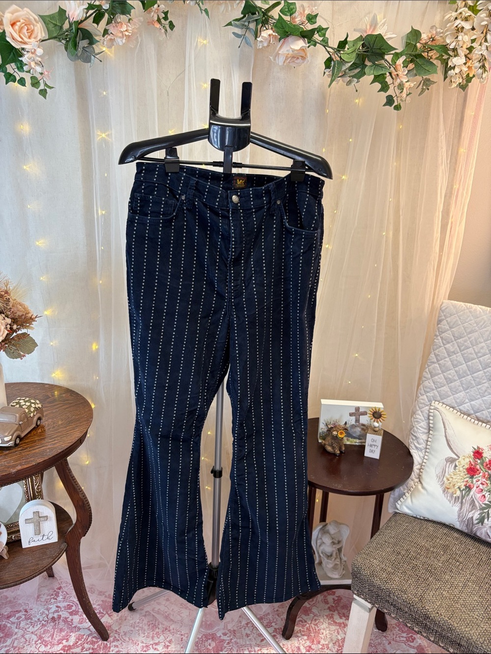 Deep Navy Pinstripe Flare Jeans